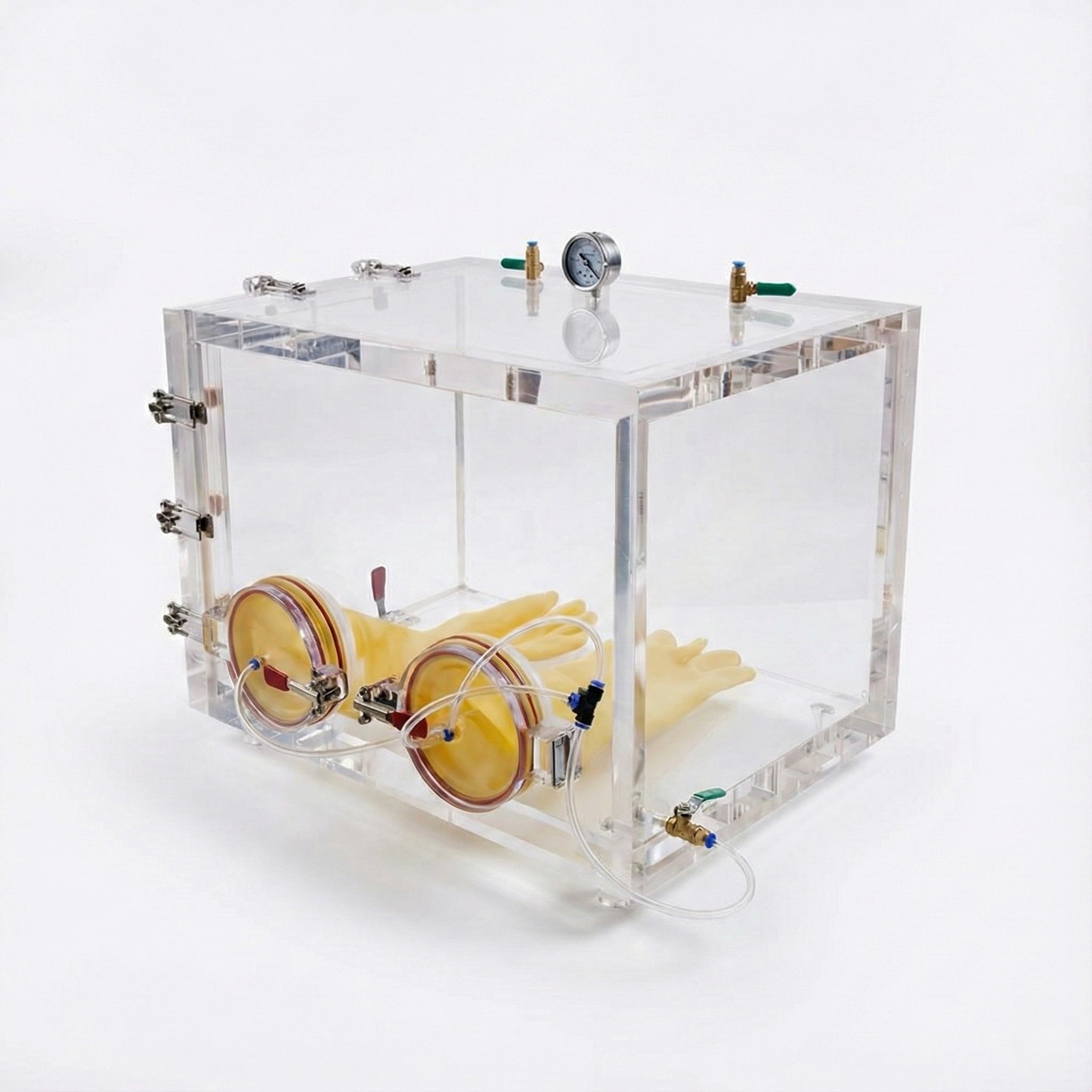 Acrylic vacuum chamber with vacuum ports for low-pressure lab use