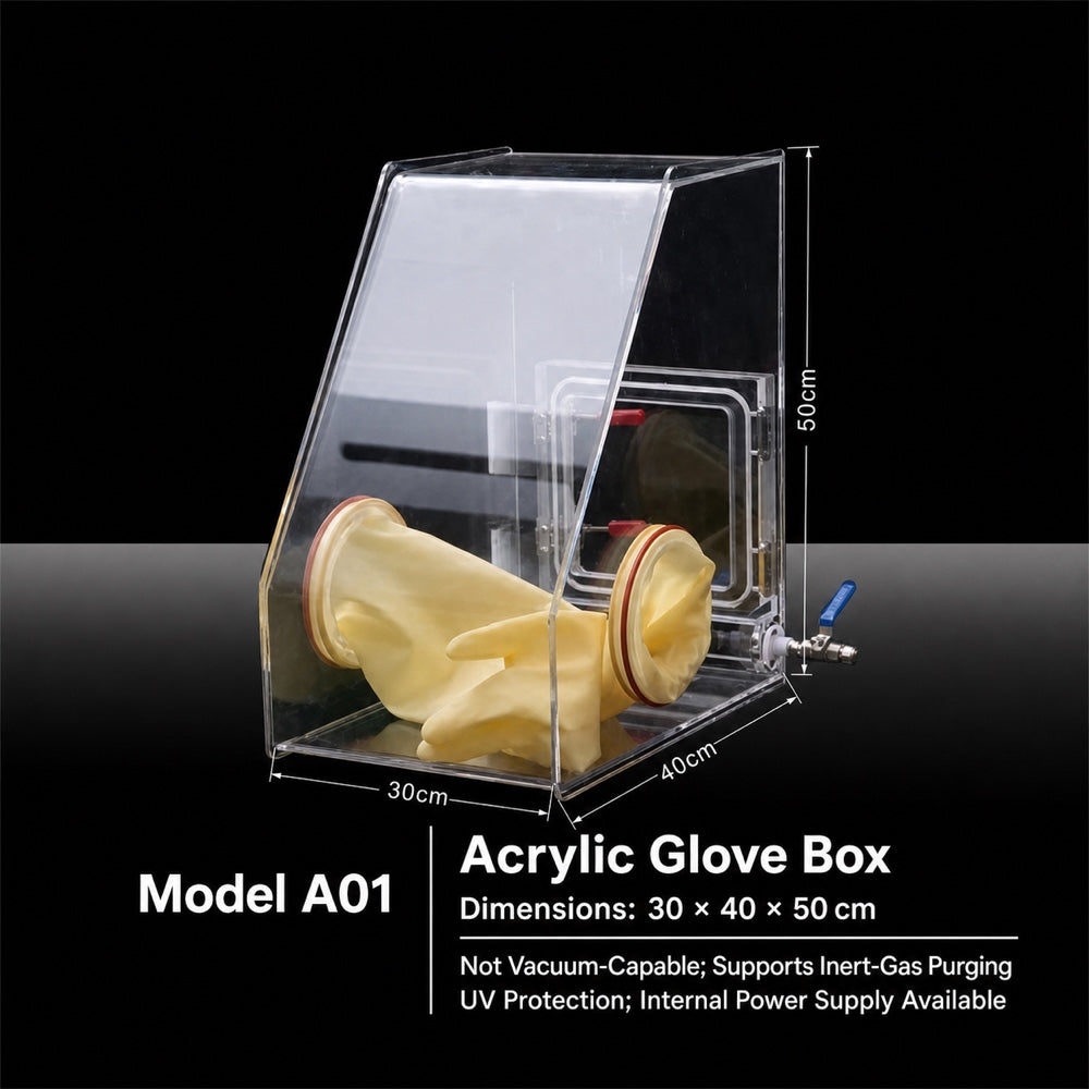 Model A01 — Acrylic Glove Box — Dimensions: 30 × 40 × 50 cm — Not Vacuum-Capable; Supports Inert-Gas Purging — UV Protection; Internal Power Supply Available