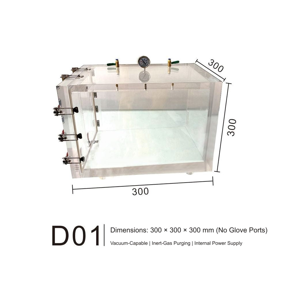 Dimensions: 300 × 300 × 300 mm (No Glove Ports) — Vacuum-Capable | Inert-Gas Purging | Internal Power Supply