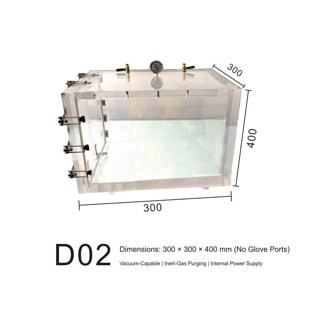 Dimensions: 300 × 300 × 400 mm (No Glove Ports) — Vacuum-Capable | Inert-Gas Purging | Internal Power Supply