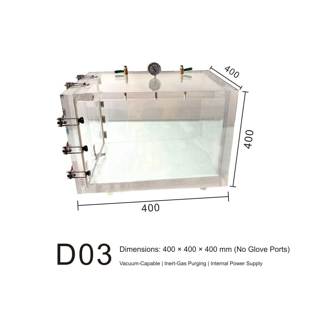 Dimensions: 400 × 400 × 400 mm (No Glove Ports) — Vacuum-Capable | Inert-Gas Purging | Internal Power Supply